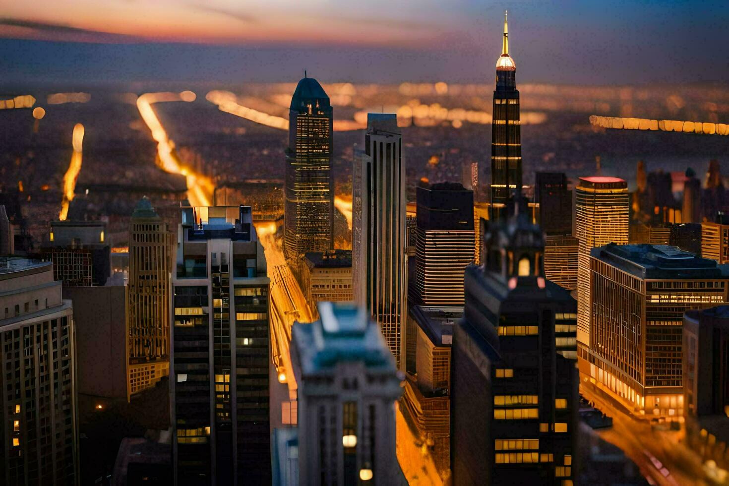 a cidade Horizonte às crepúsculo com luzes sobre. gerado por IA foto