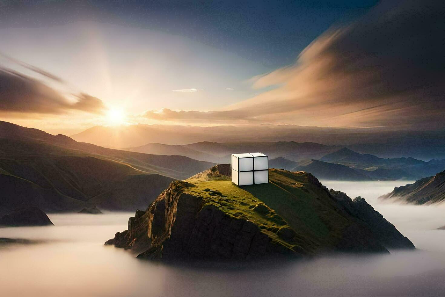 uma pequeno branco caixa senta em topo do uma montanha. gerado por IA foto