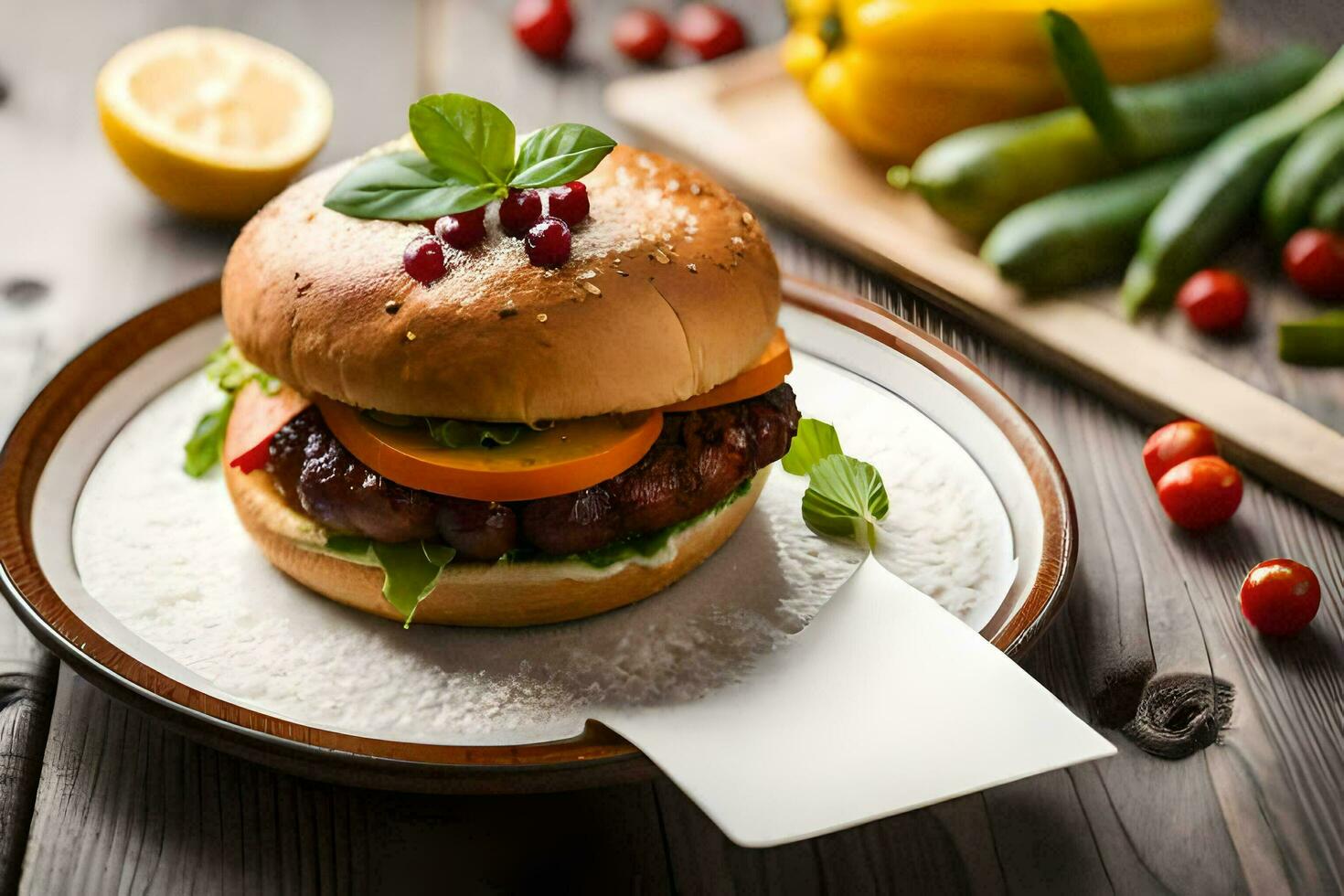 uma Hamburger com legumes e tomates em uma placa. gerado por IA foto