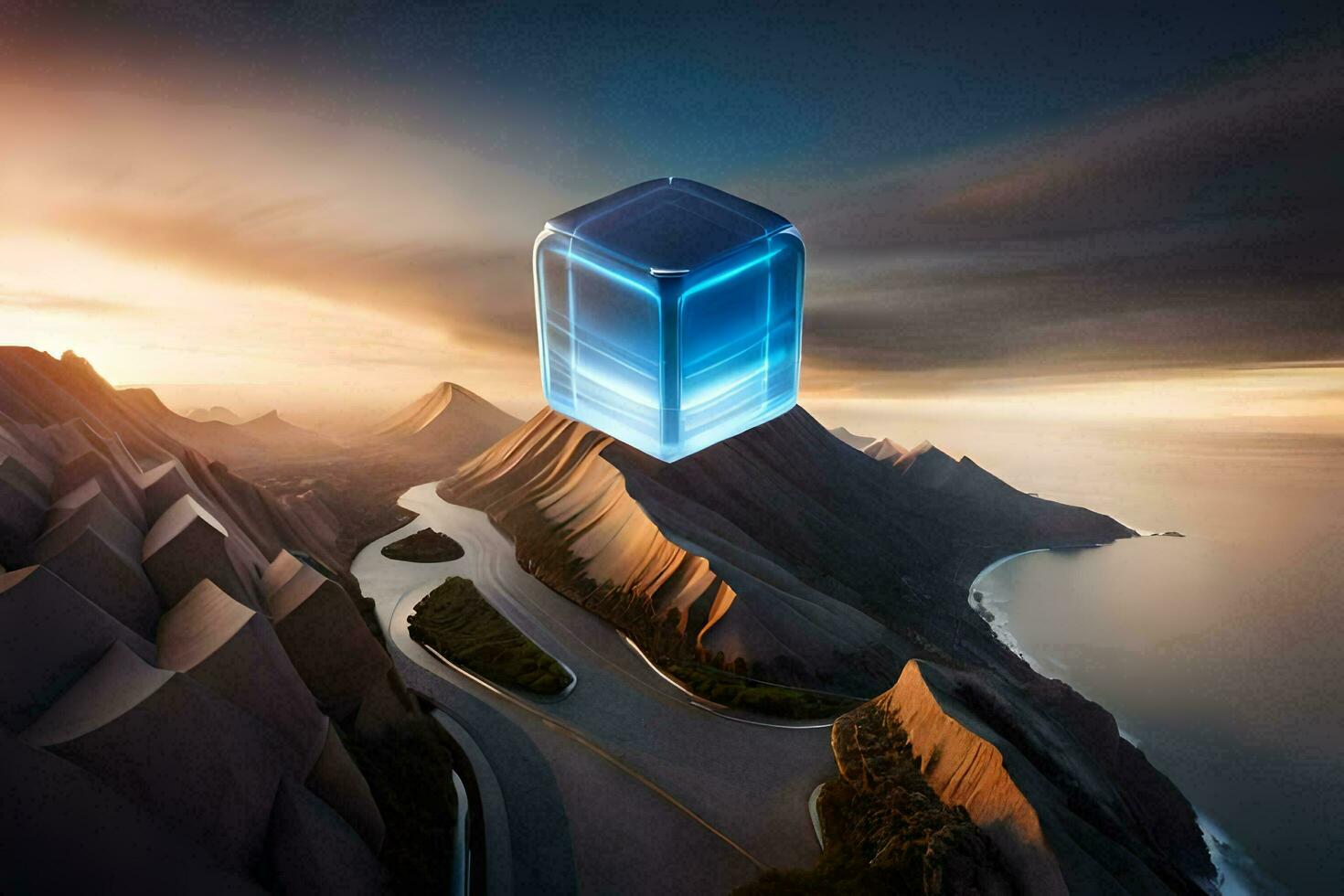 uma cubo flutuando acima a oceano. gerado por IA foto