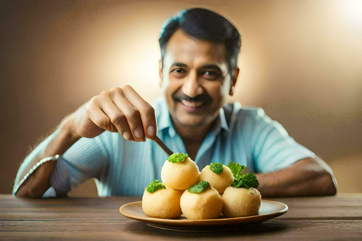 uma homem comendo uma prato do Comida com uma garfo. gerado por IA foto