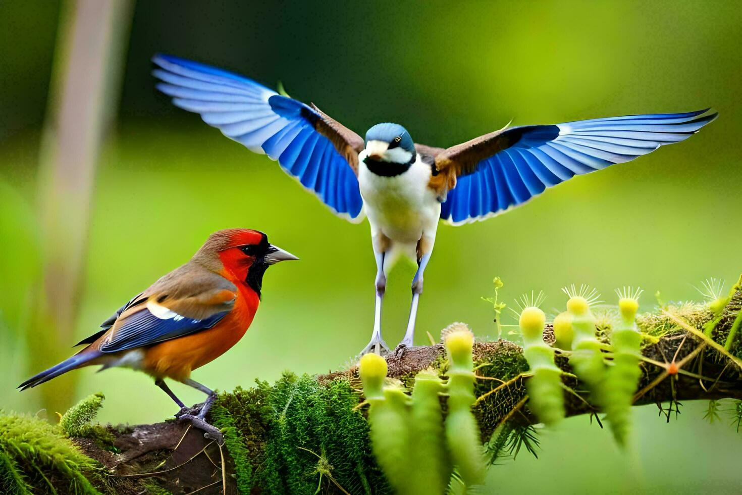 dois colorida pássaros estão em pé em uma ramo. gerado por IA foto