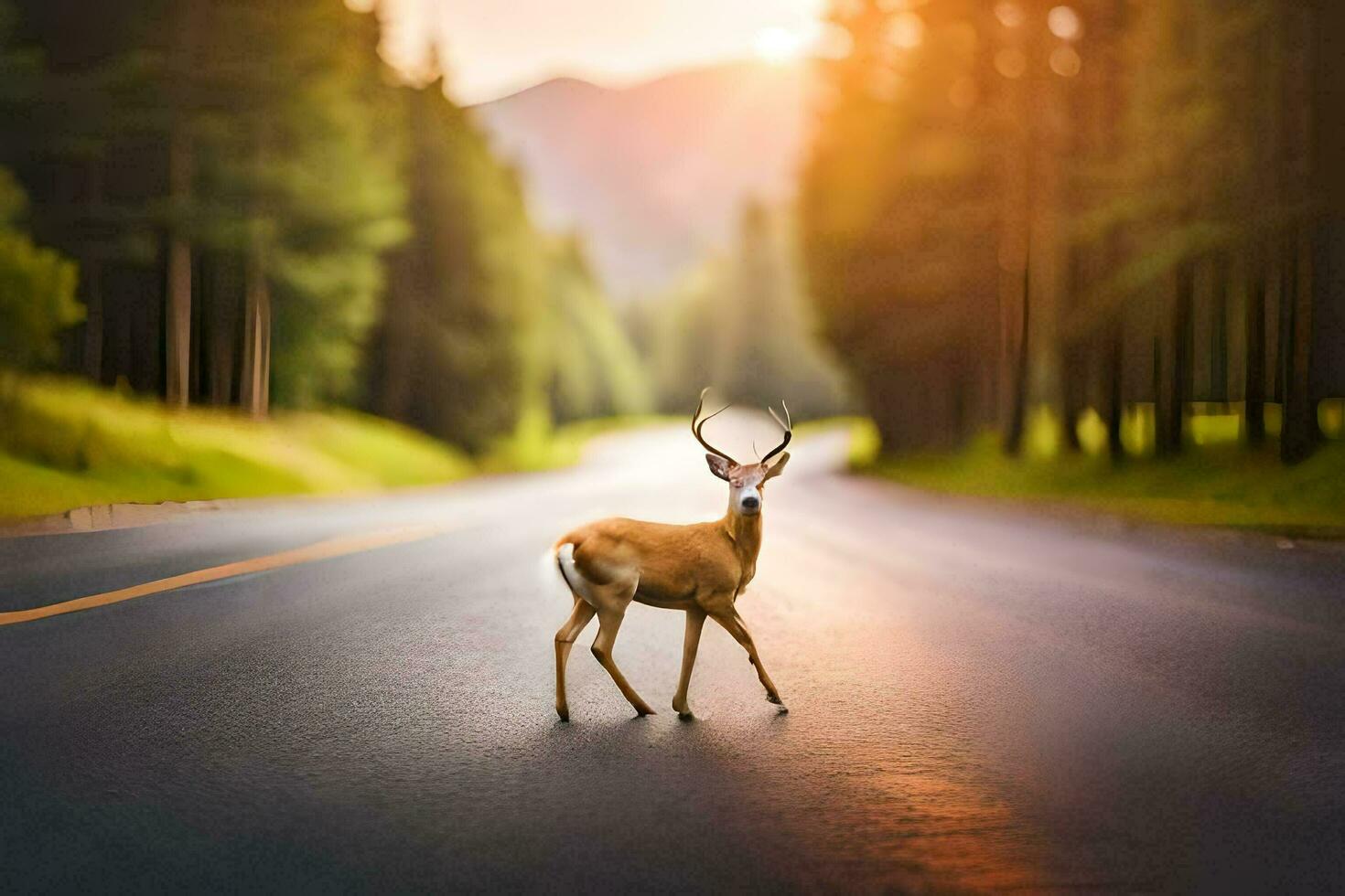 uma veado é caminhando através a estrada às pôr do sol. gerado por IA foto