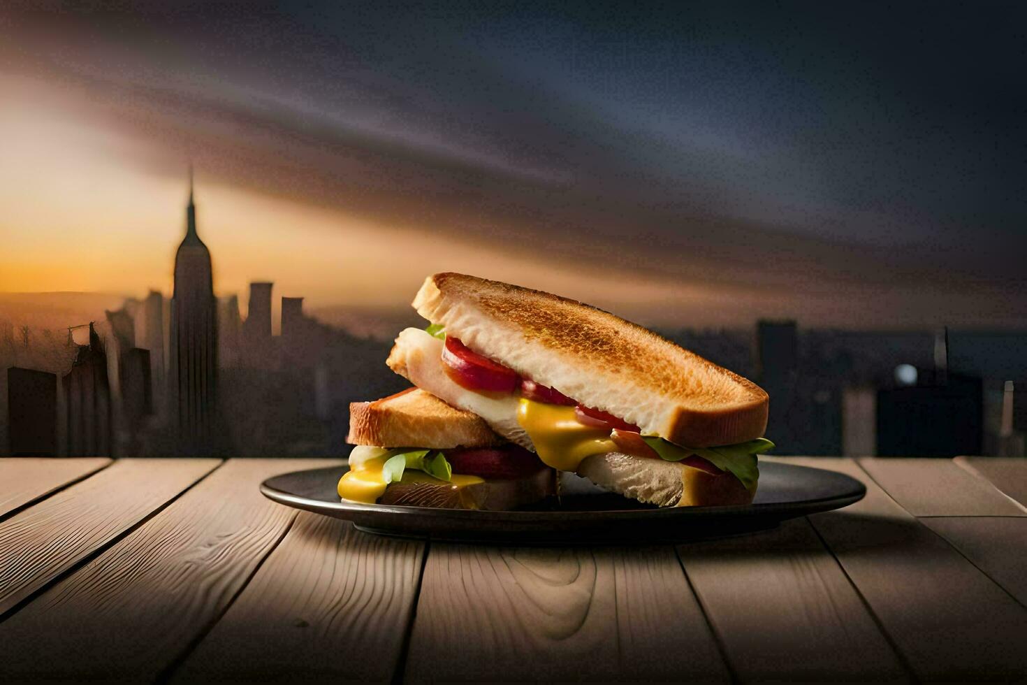 a sanduíche é em uma prato com uma paisagem urbana dentro a fundo. gerado por IA foto