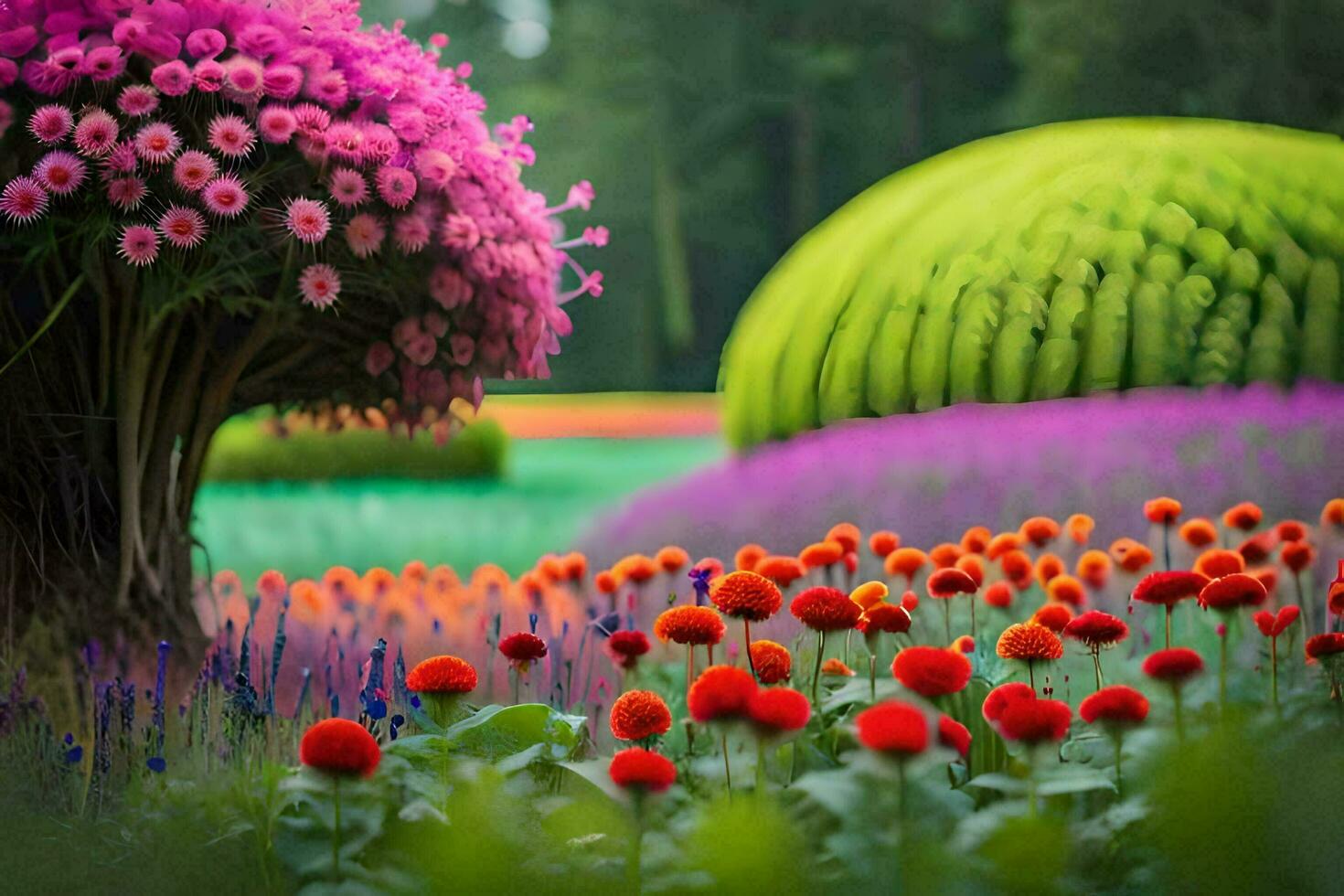 uma colorida jardim com muitos diferente flores gerado por IA foto