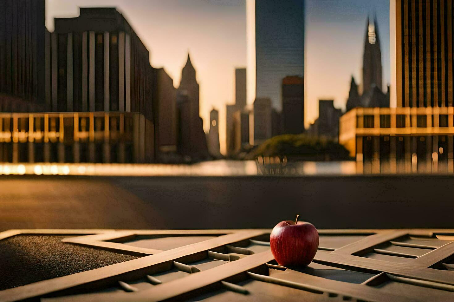 a maçã senta em uma mesa dentro frente do uma cidade Horizonte. gerado por IA foto