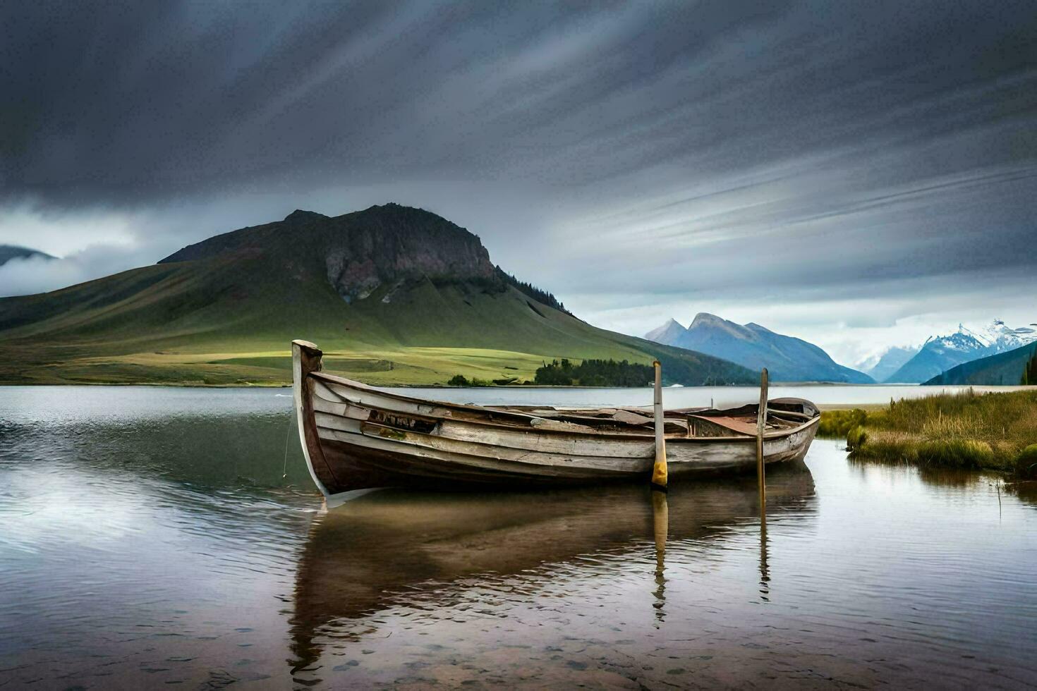 uma barco senta em a costa do uma lago. gerado por IA foto