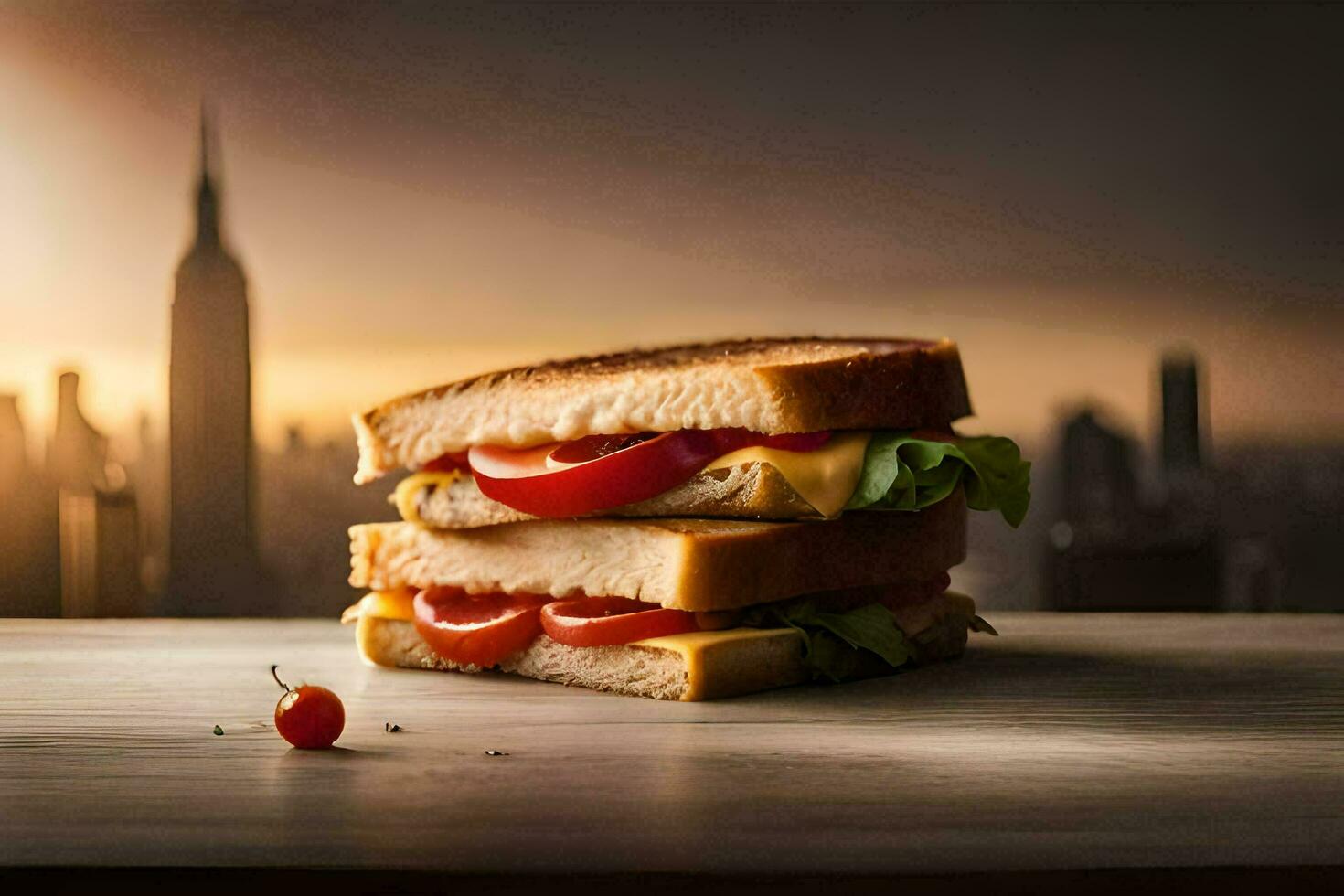 uma sanduíche com queijo e tomates em uma mesa dentro frente do uma paisagem urbana. gerado por IA foto