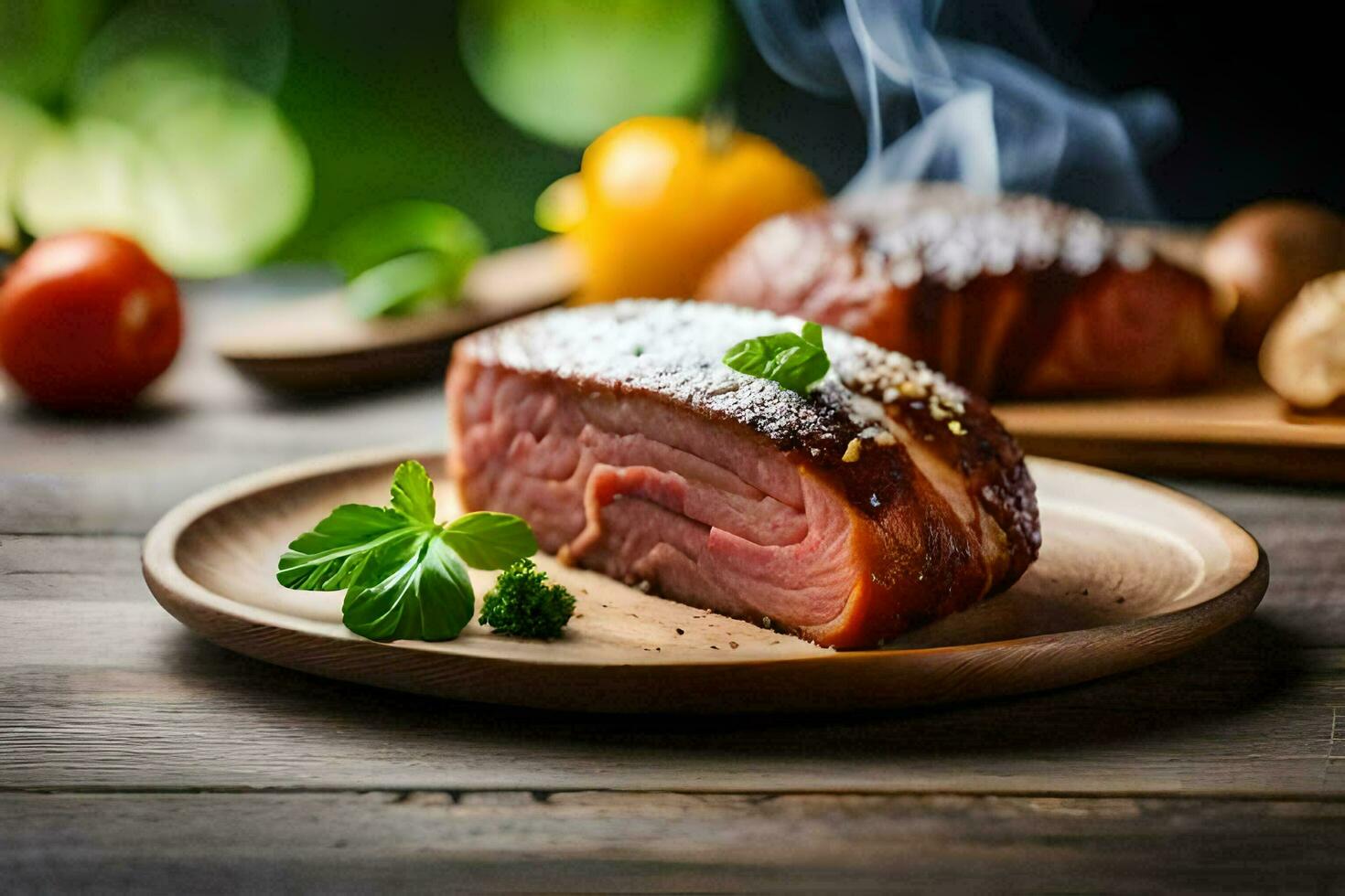 uma peça do carne em uma de madeira prato com fumaça. gerado por IA foto