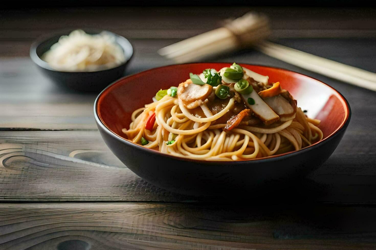 chinês Macarrão dentro uma tigela com pauzinhos em uma de madeira mesa. gerado por IA foto