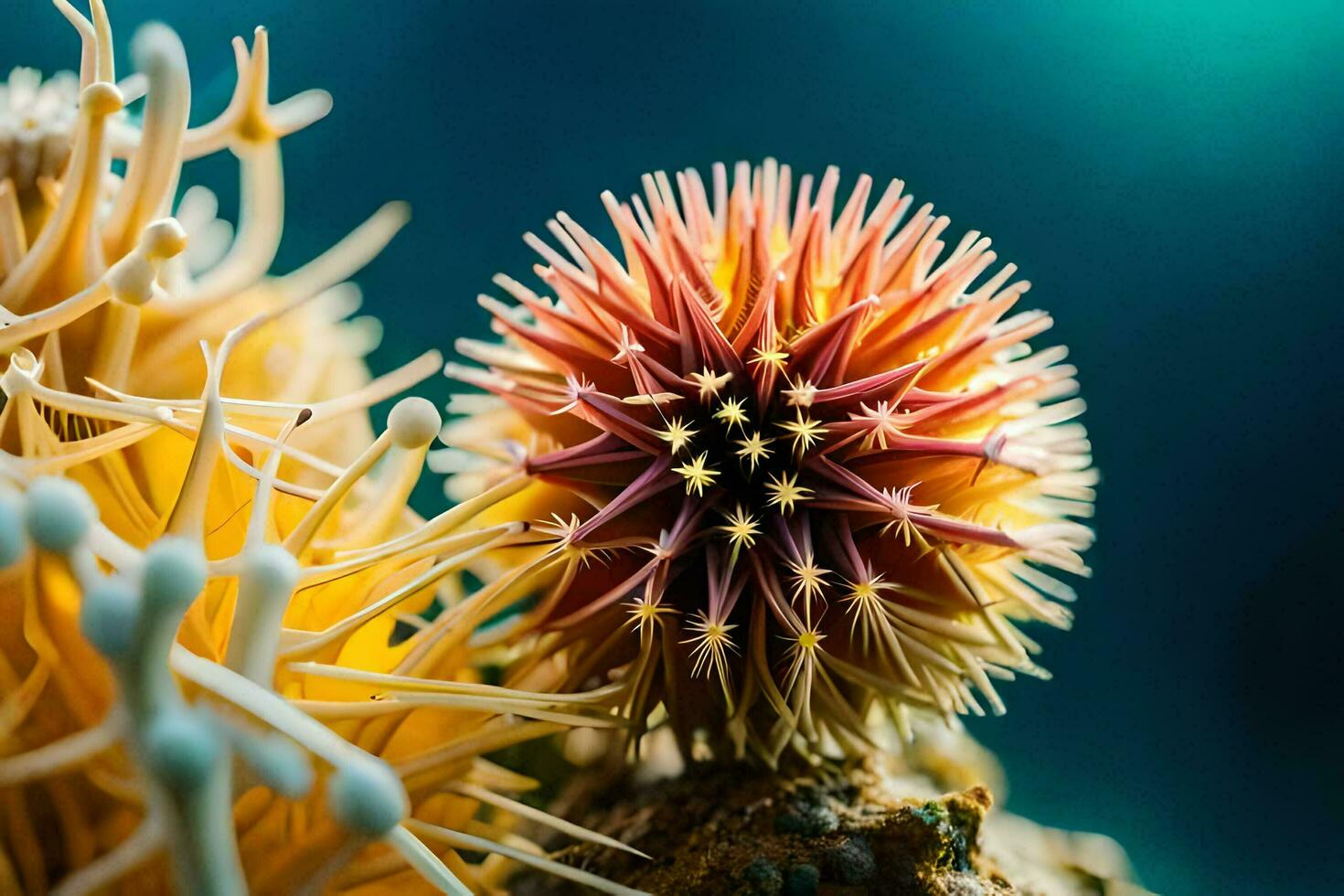 uma mar ouriço é sentado em topo do uma coral. gerado por IA foto