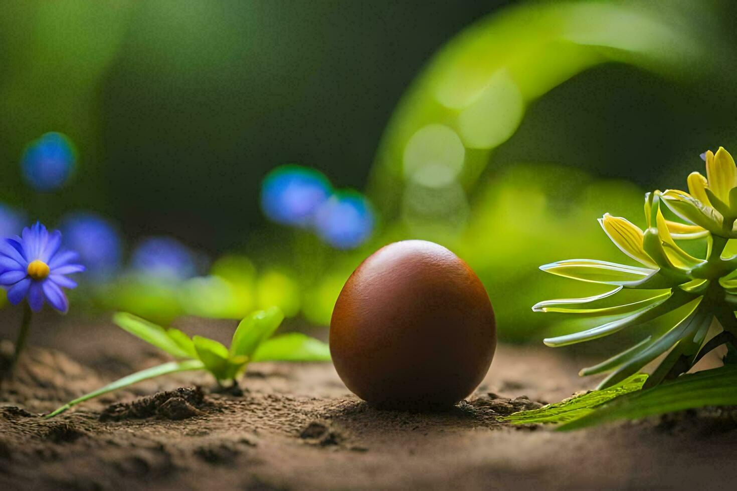 uma Castanho ovo dentro a meio do uma campo do azul flores gerado por IA foto