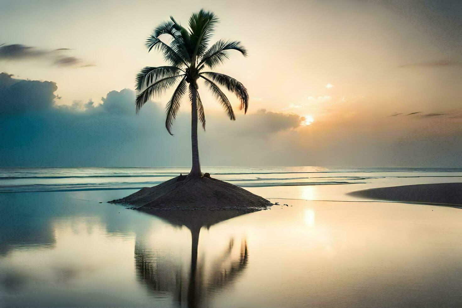 uma solitário Palma árvore carrinhos em uma pequeno ilha dentro a oceano. gerado por IA foto