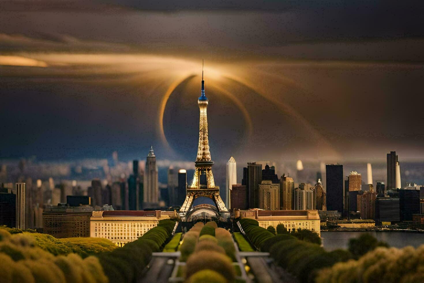 a eiffel torre é visto dentro a distância com uma tempestade dentro a céu. gerado por IA foto