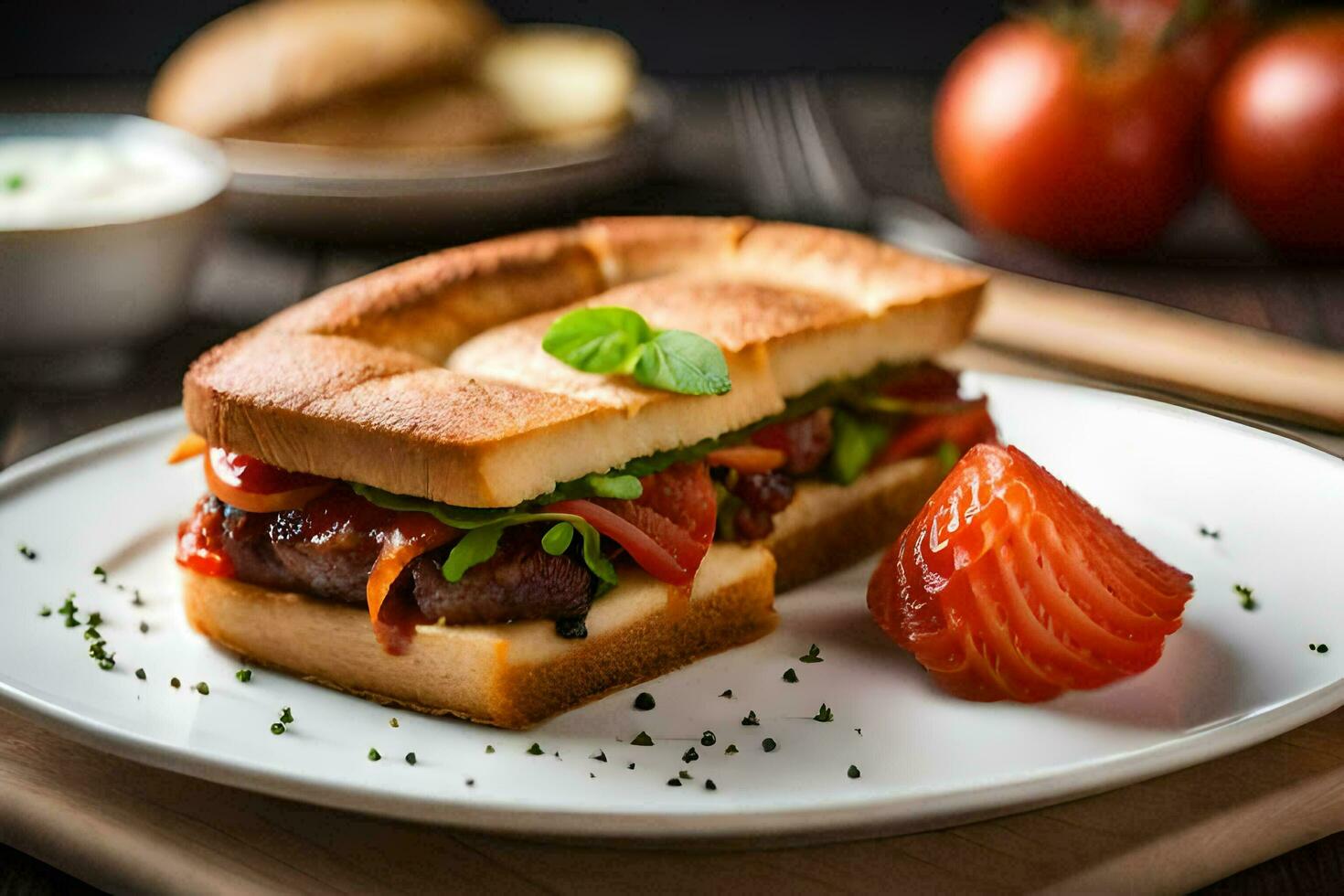 uma sanduíche com carne, tomates e queijo em uma branco placa. gerado por IA foto