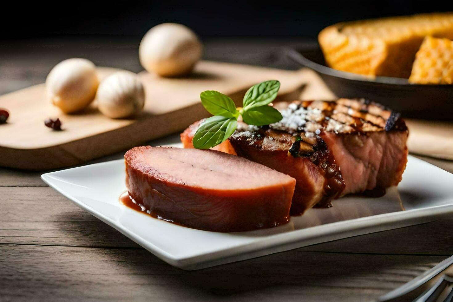 grelhado carne de porco em uma branco prato com uma garfo e faca. gerado por IA foto