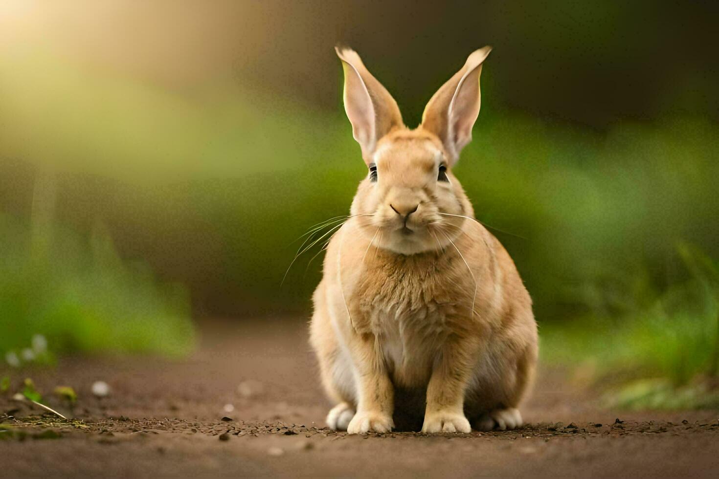 uma Coelho sentado em a terra dentro a meio do uma campo. gerado por IA foto