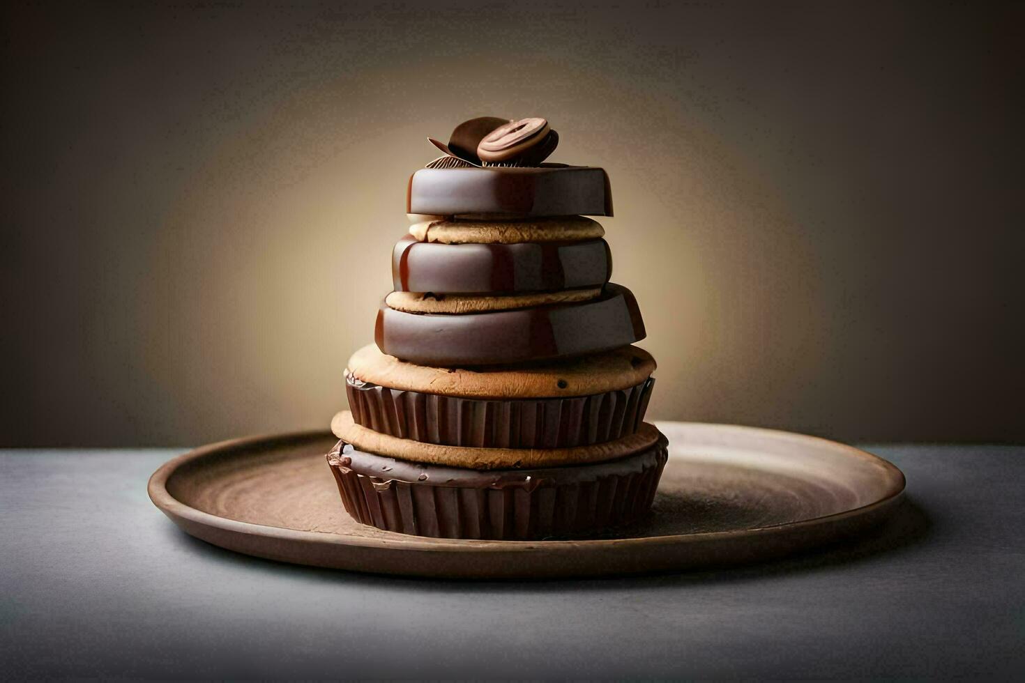 uma pilha do chocolate bolos de copo em uma placa. gerado por IA foto