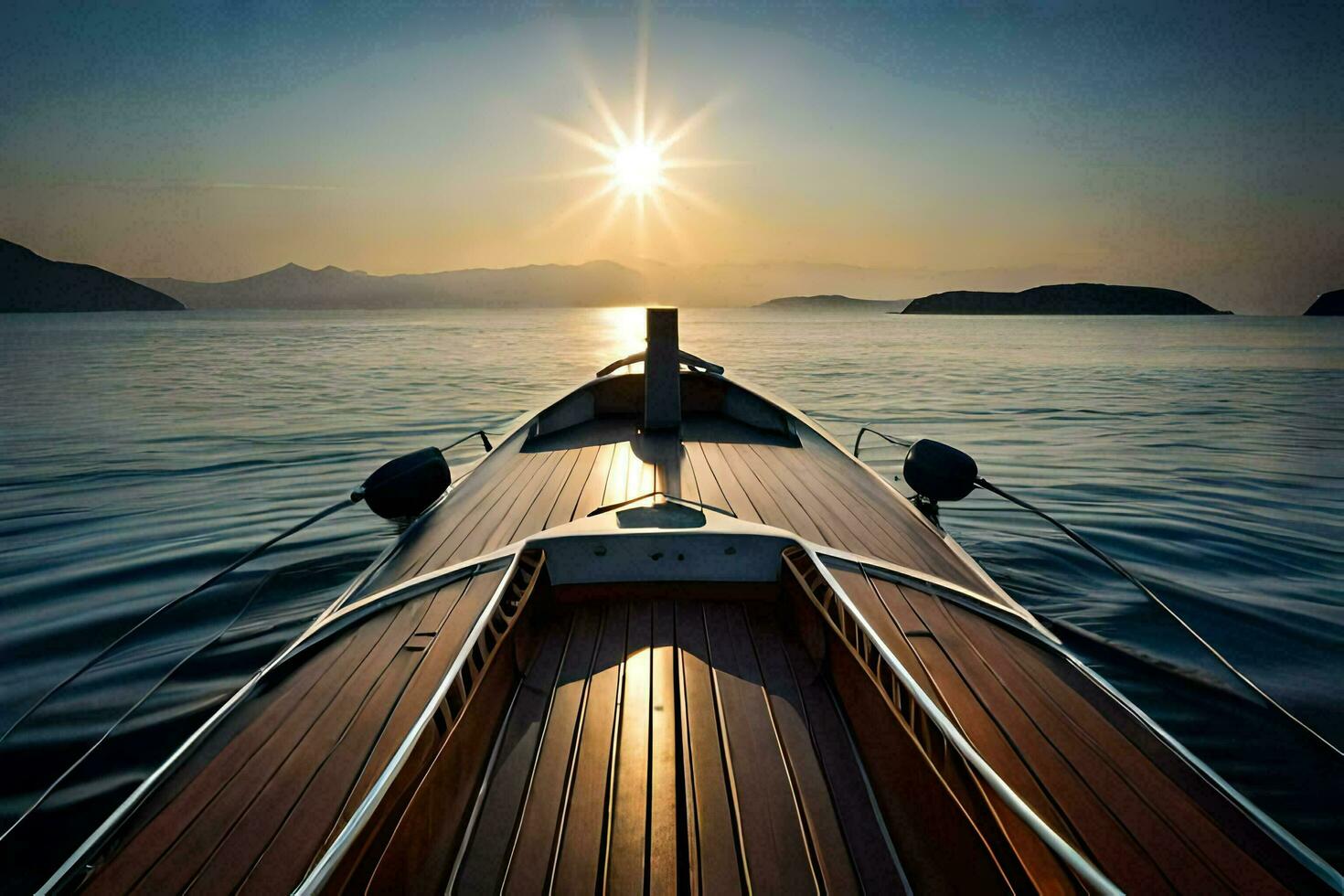 uma barco é Navegando em a água às pôr do sol. gerado por IA foto
