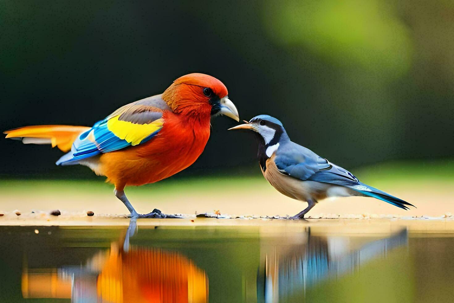 dois colorida pássaros em pé Próximo para cada outro. gerado por IA foto