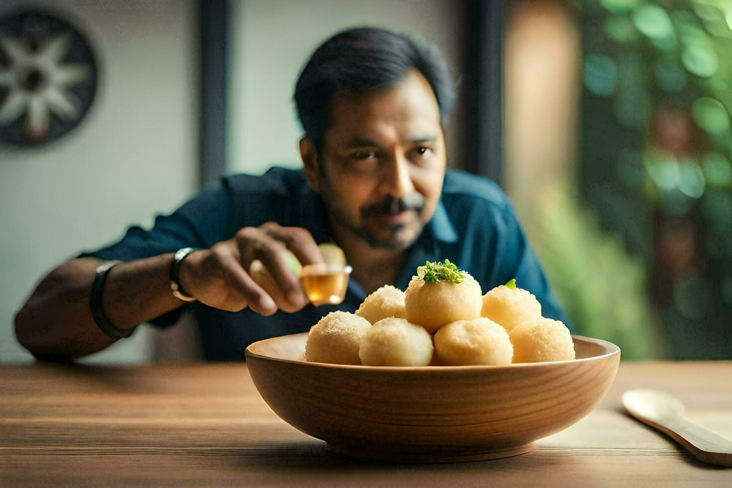 uma homem comendo uma tigela do Comida com uma colher. gerado por IA foto