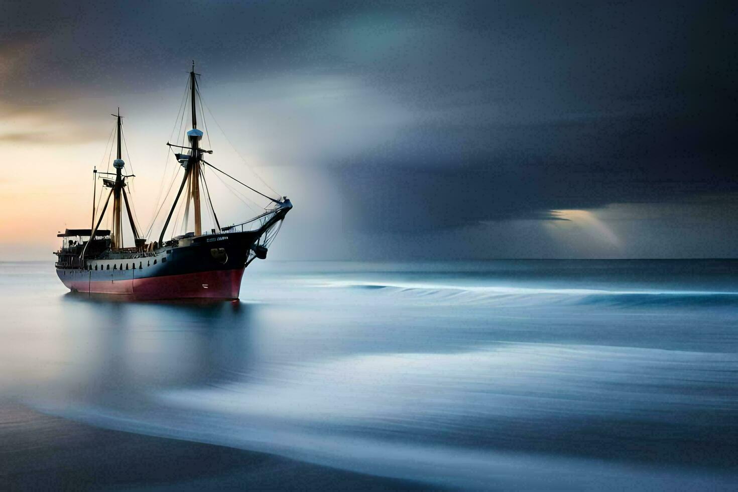 uma pirata navio Navegando dentro a oceano às pôr do sol. gerado por IA foto