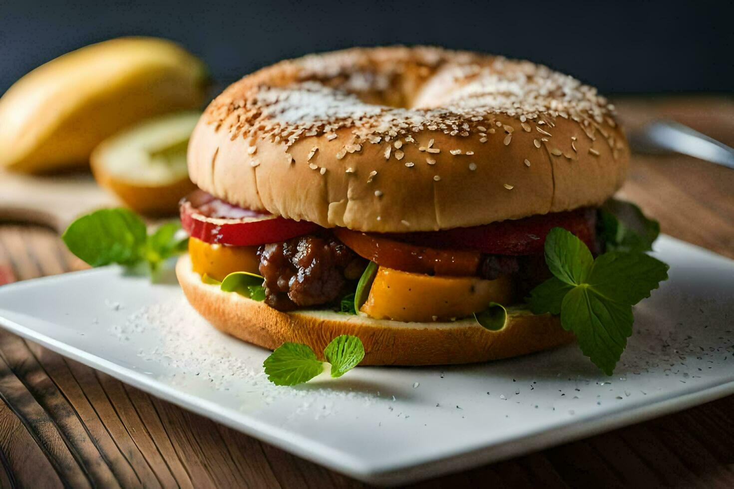 uma bagel com carne e legumes em isto. gerado por IA foto