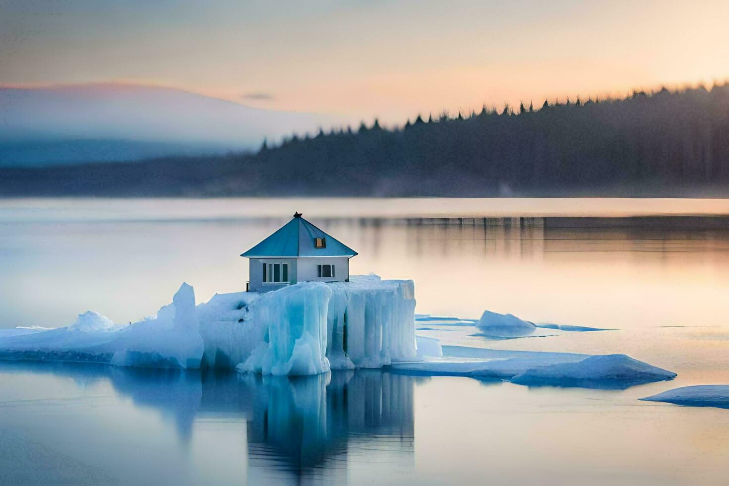 gelo casa em a lago, lago, água, casa, hd papel de parede. gerado por IA foto
