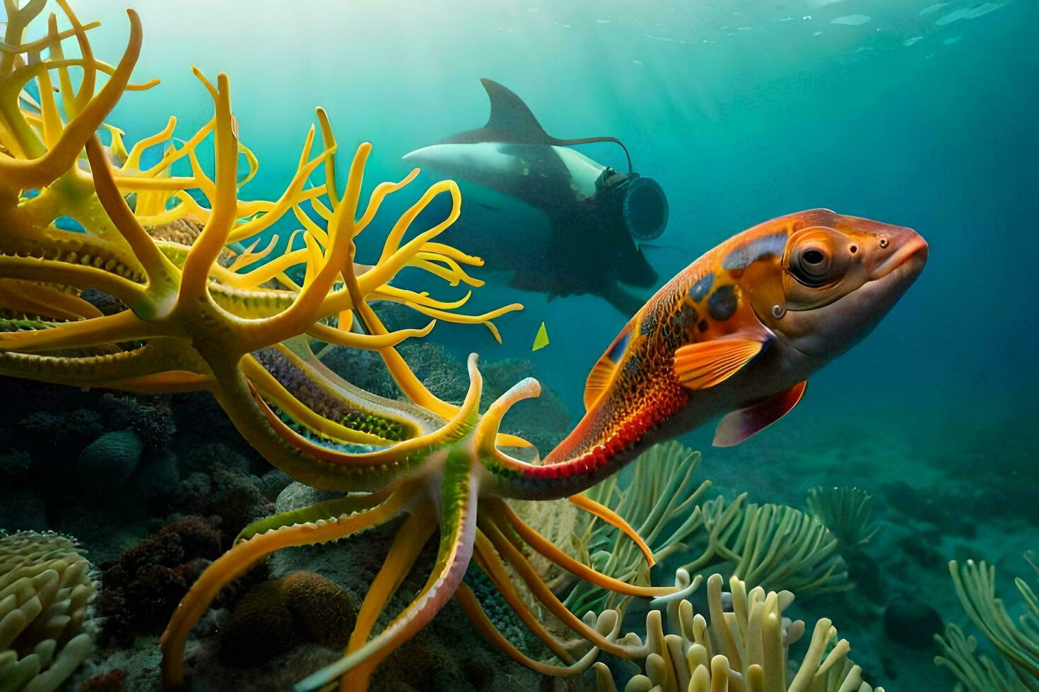 uma mergulhador e a laranja peixe natação dentro a oceano. gerado por IA foto