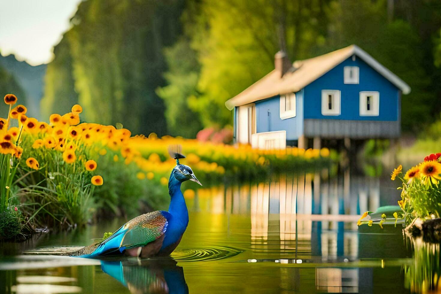 uma pavão é em pé dentro a água perto uma casa. gerado por IA foto