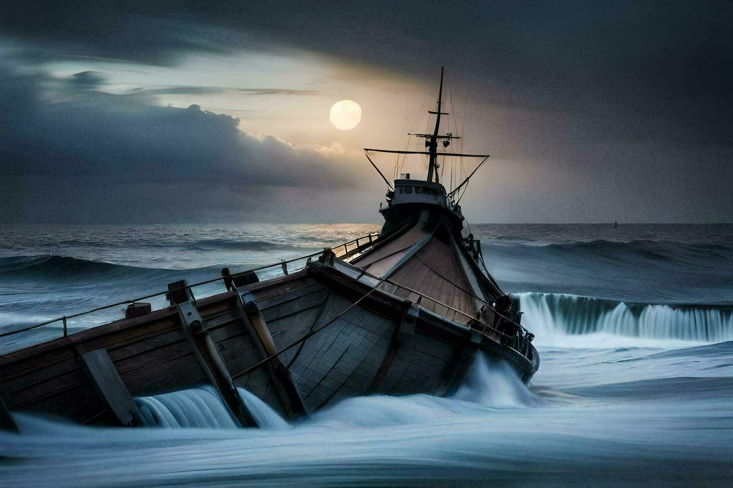 uma barco é sentado em a oceano ondas às noite. gerado por IA foto