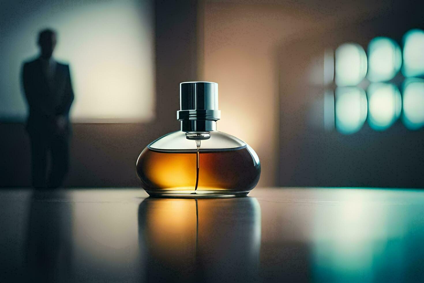 uma homem dentro uma terno em pé dentro frente do uma garrafa do perfume. gerado por IA foto