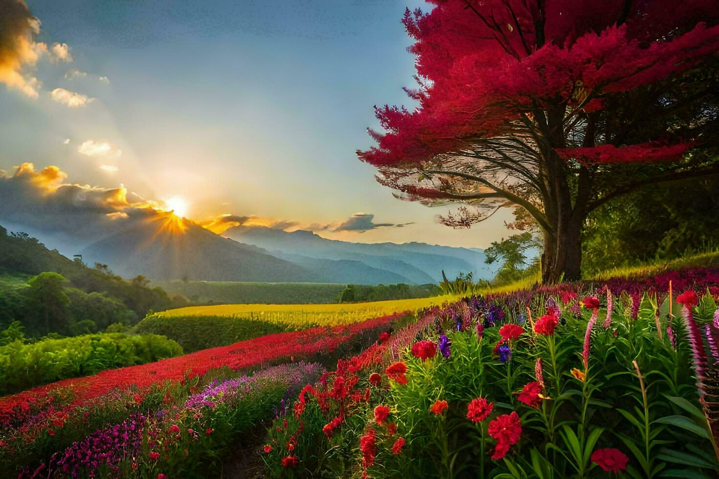 a Sol sobe sobre uma campo do flores gerado por IA foto