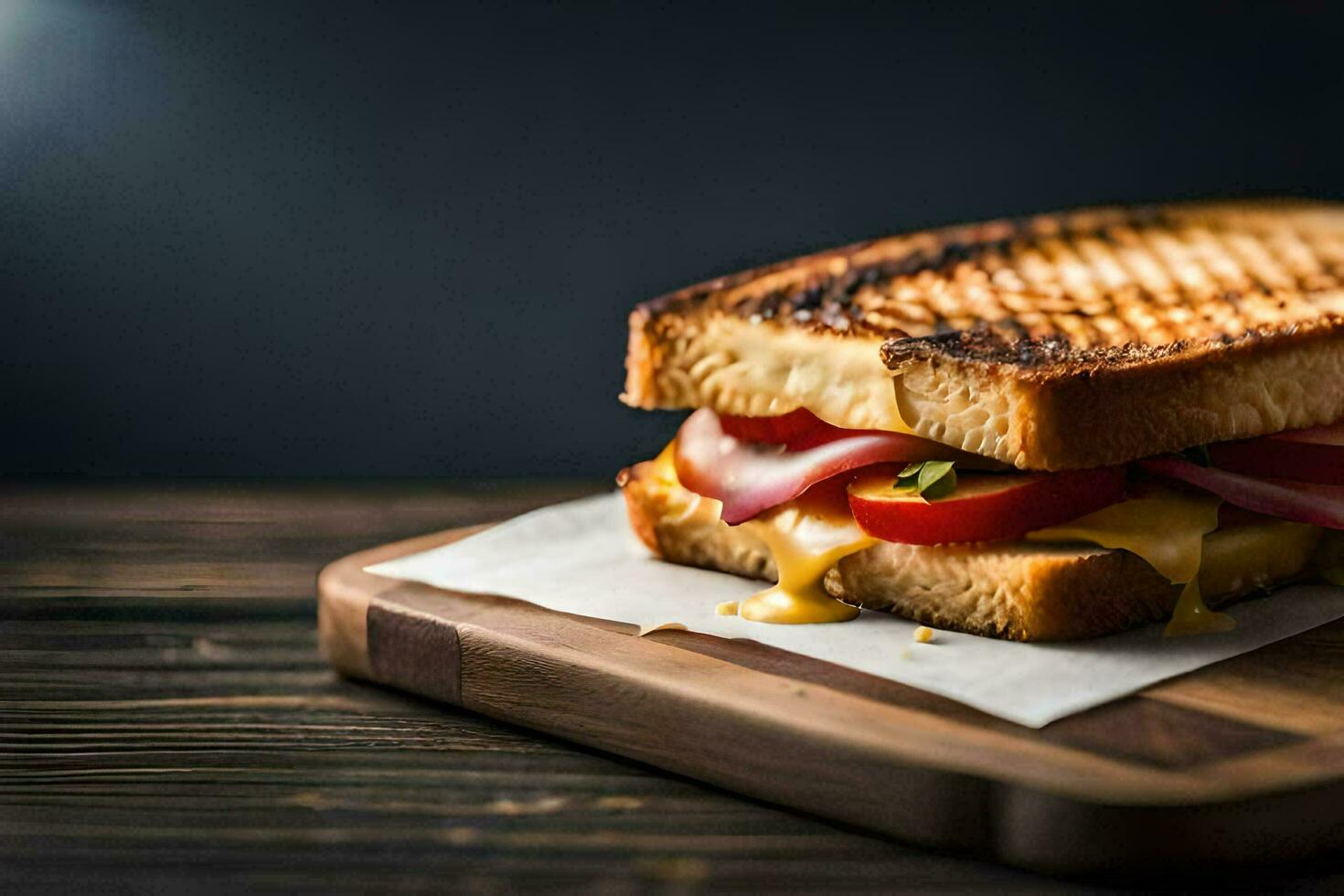uma grelhado queijo sanduíche em uma de madeira corte borda. gerado por IA foto