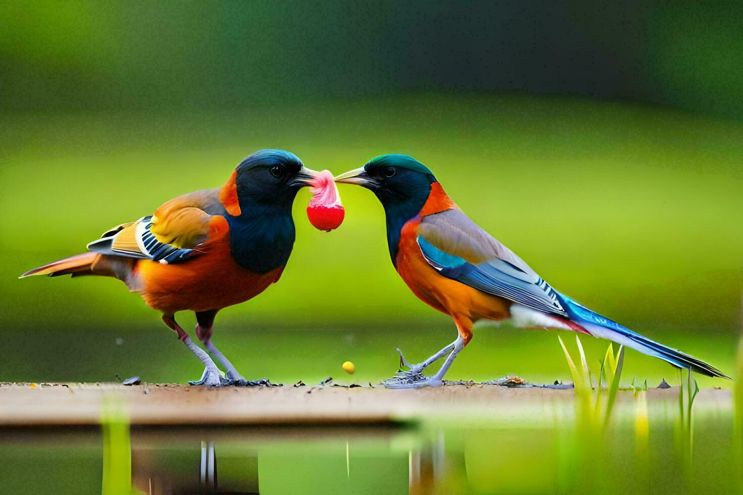 dois colorida pássaros em pé em uma de madeira plataforma. gerado por IA foto