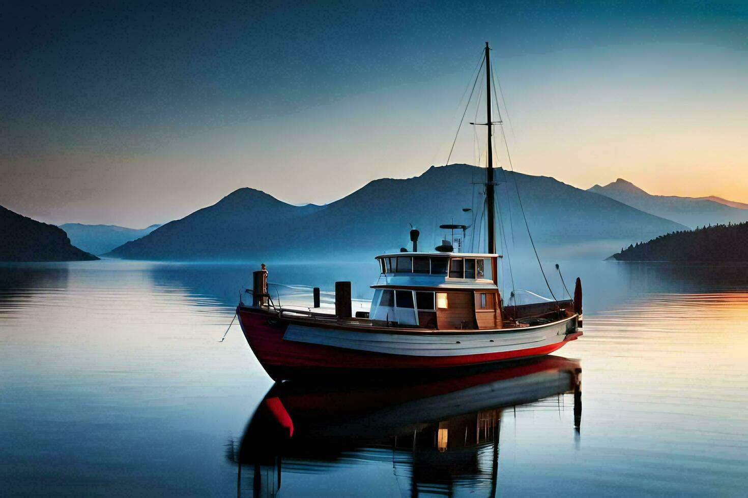 uma barco é ancorado dentro a água às pôr do sol. gerado por IA foto