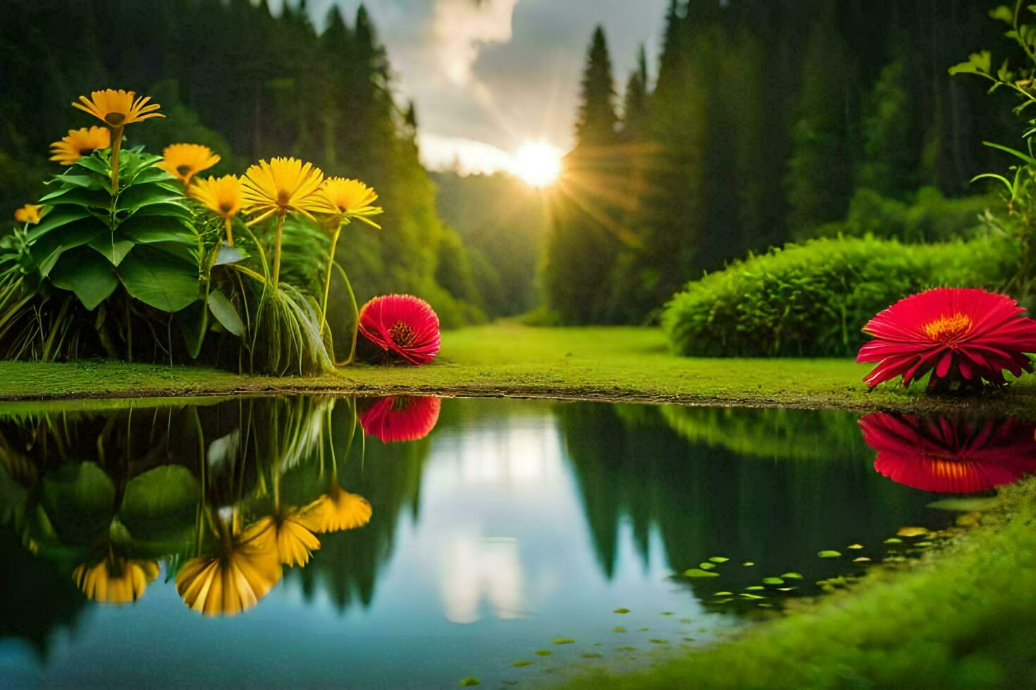 pôr do sol dentro a floresta com flores e água. gerado por IA foto