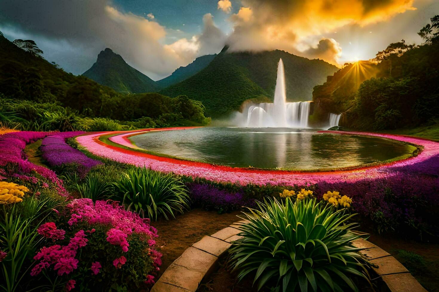 uma lindo jardim com uma cascata e flores gerado por IA foto