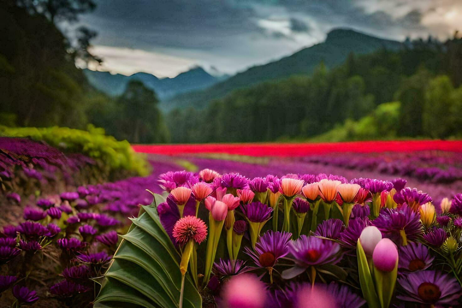 foto papel de parede a céu, flores, montanhas, roxo, flores, a campo, a campo,. gerado por IA