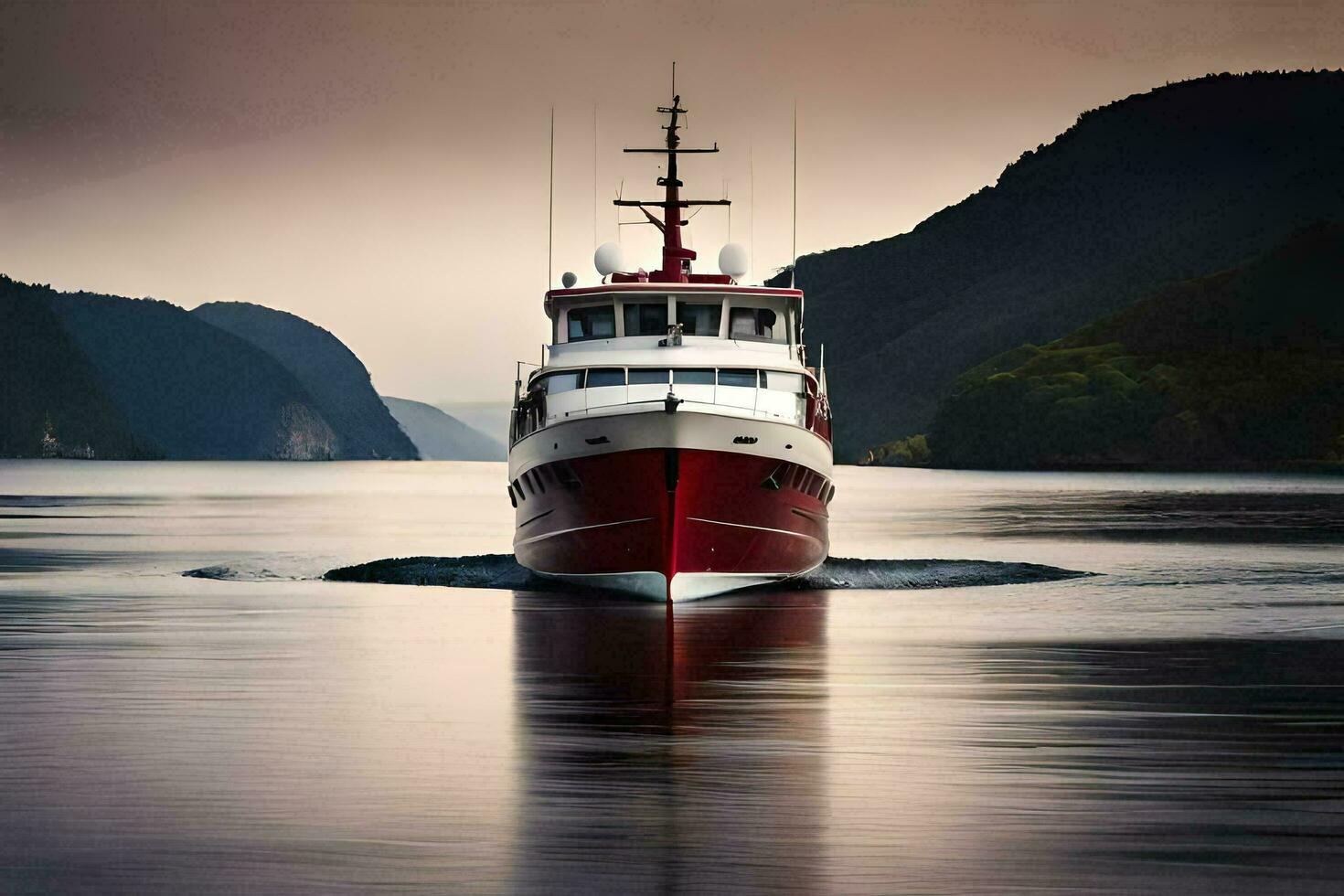 uma vermelho e branco barco viajando em a água. gerado por IA foto