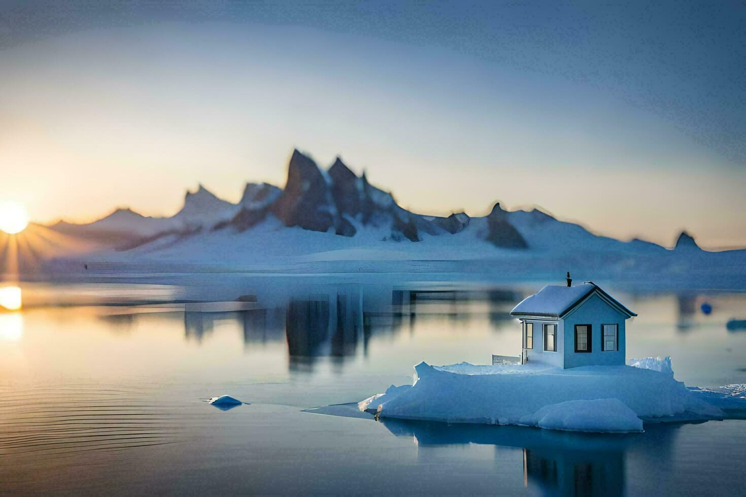 uma pequeno casa em a iceberg dentro a meio do a oceano. gerado por IA foto