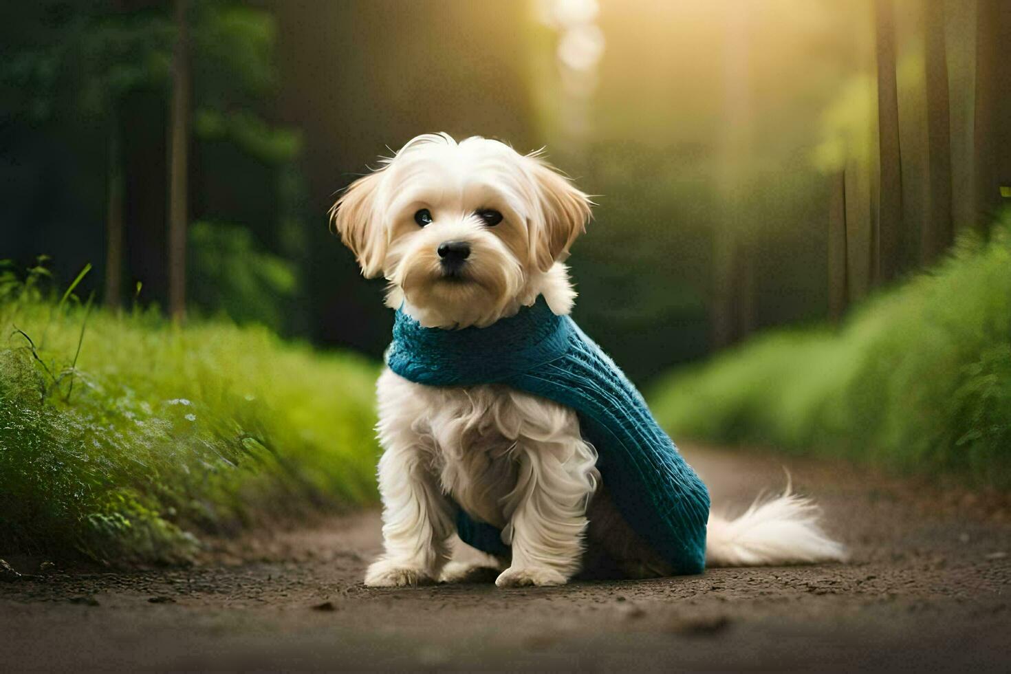 uma pequeno branco cachorro vestindo uma azul suéter sentado em a estrada. gerado por IA foto