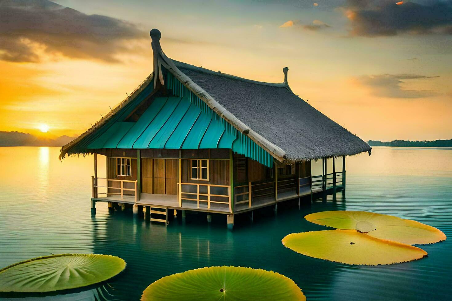 a casa do a lírio, lago, água, casa, hd papel de parede. gerado por IA foto