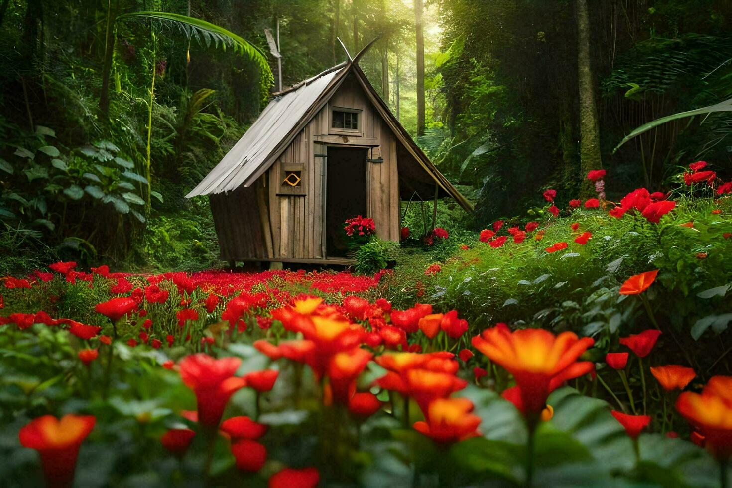 uma pequeno cabana dentro a meio do uma floresta com flores gerado por IA foto