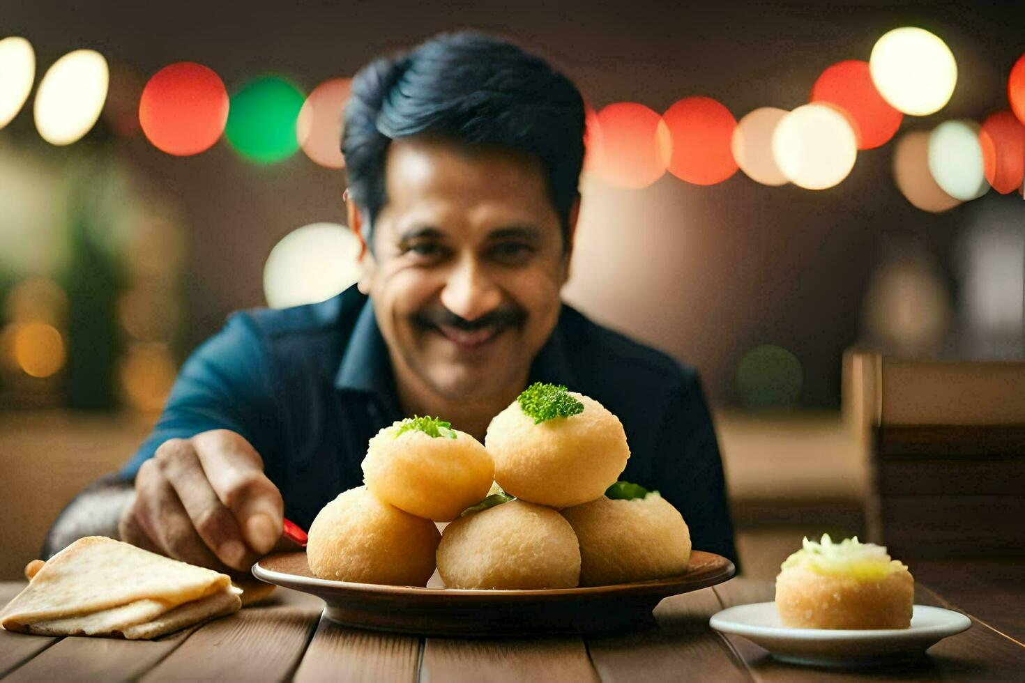 uma homem é sorridente enquanto segurando uma prato do Comida. gerado por IA foto