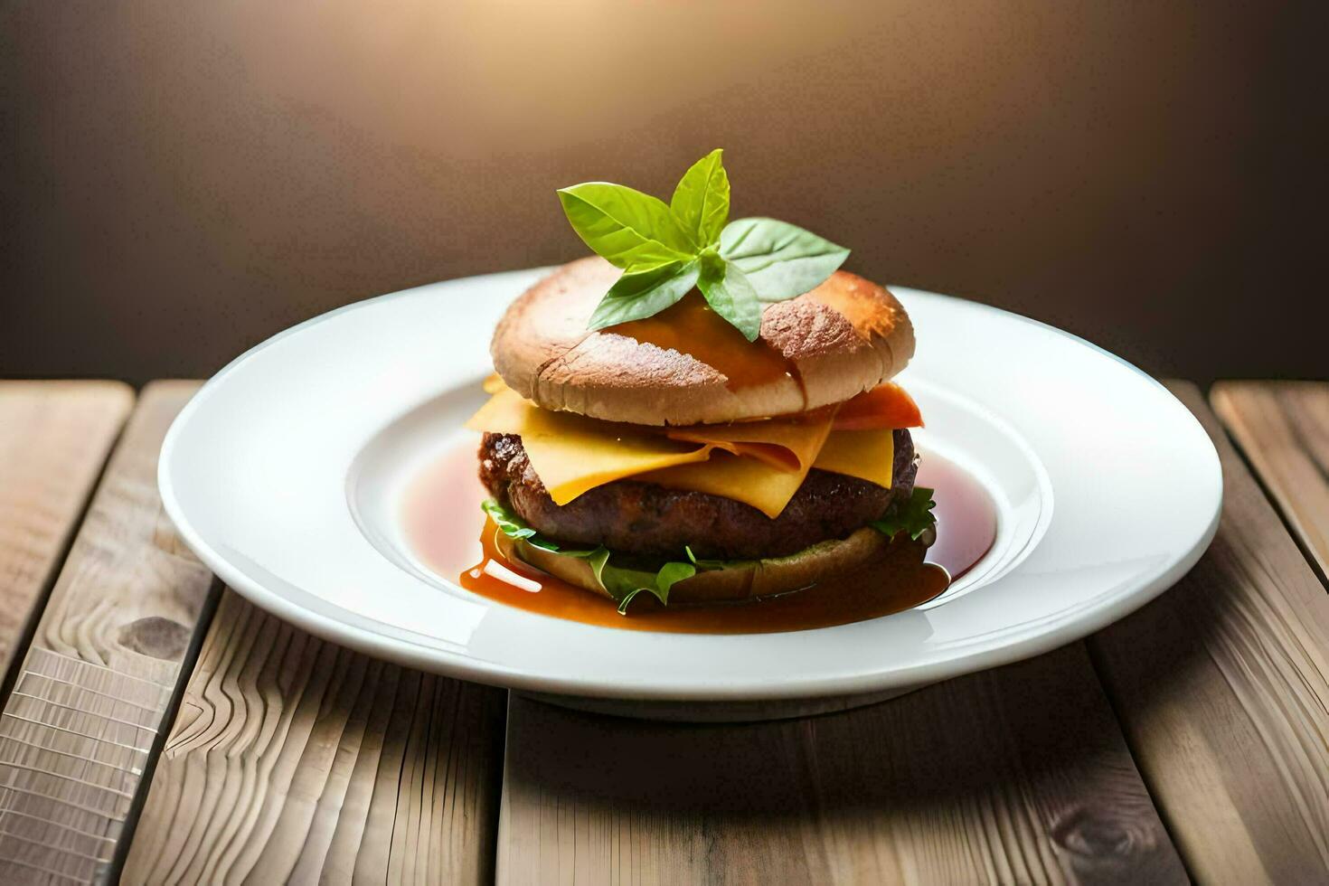 uma Hamburger com queijo e molho em uma branco placa. gerado por IA foto