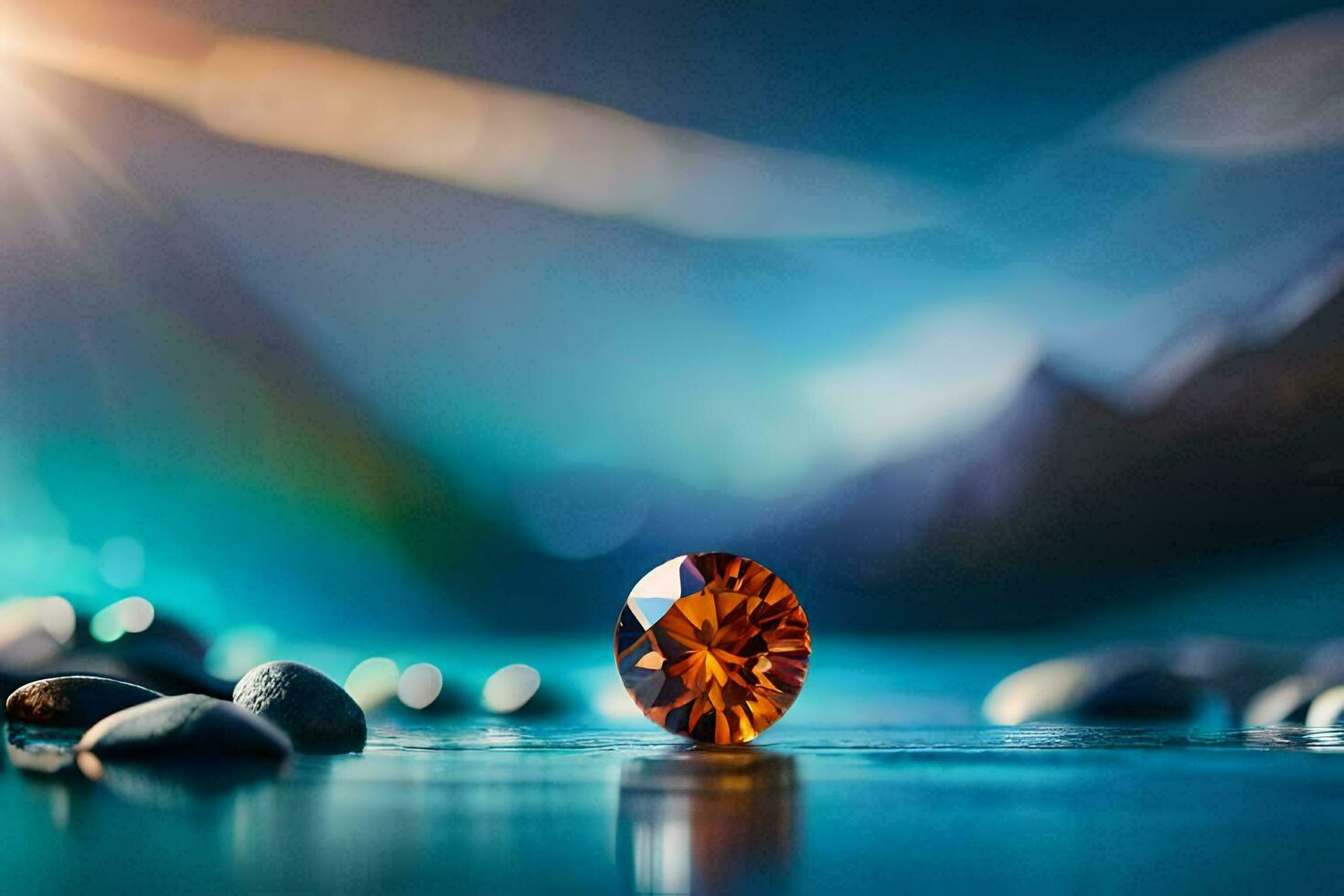 uma diamante senta em a água com pedras e uma montanha dentro a fundo. gerado por IA foto