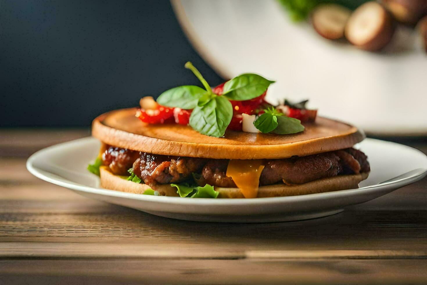 uma Hamburger com queijo e legumes em uma branco placa. gerado por IA foto