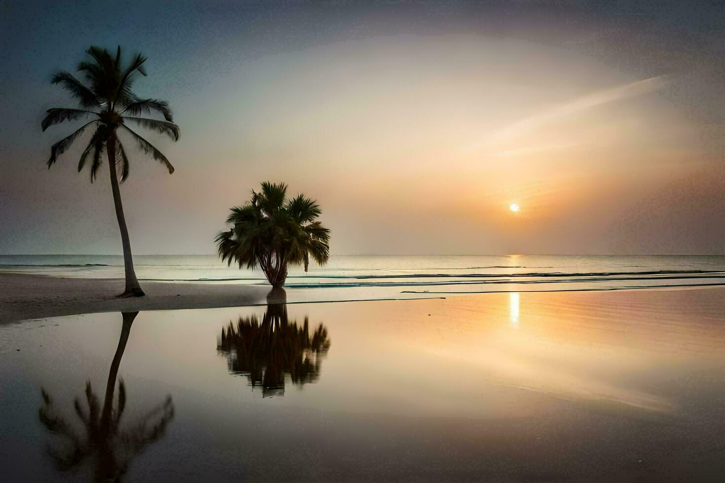 Palma árvores em a de praia às pôr do sol. gerado por IA foto