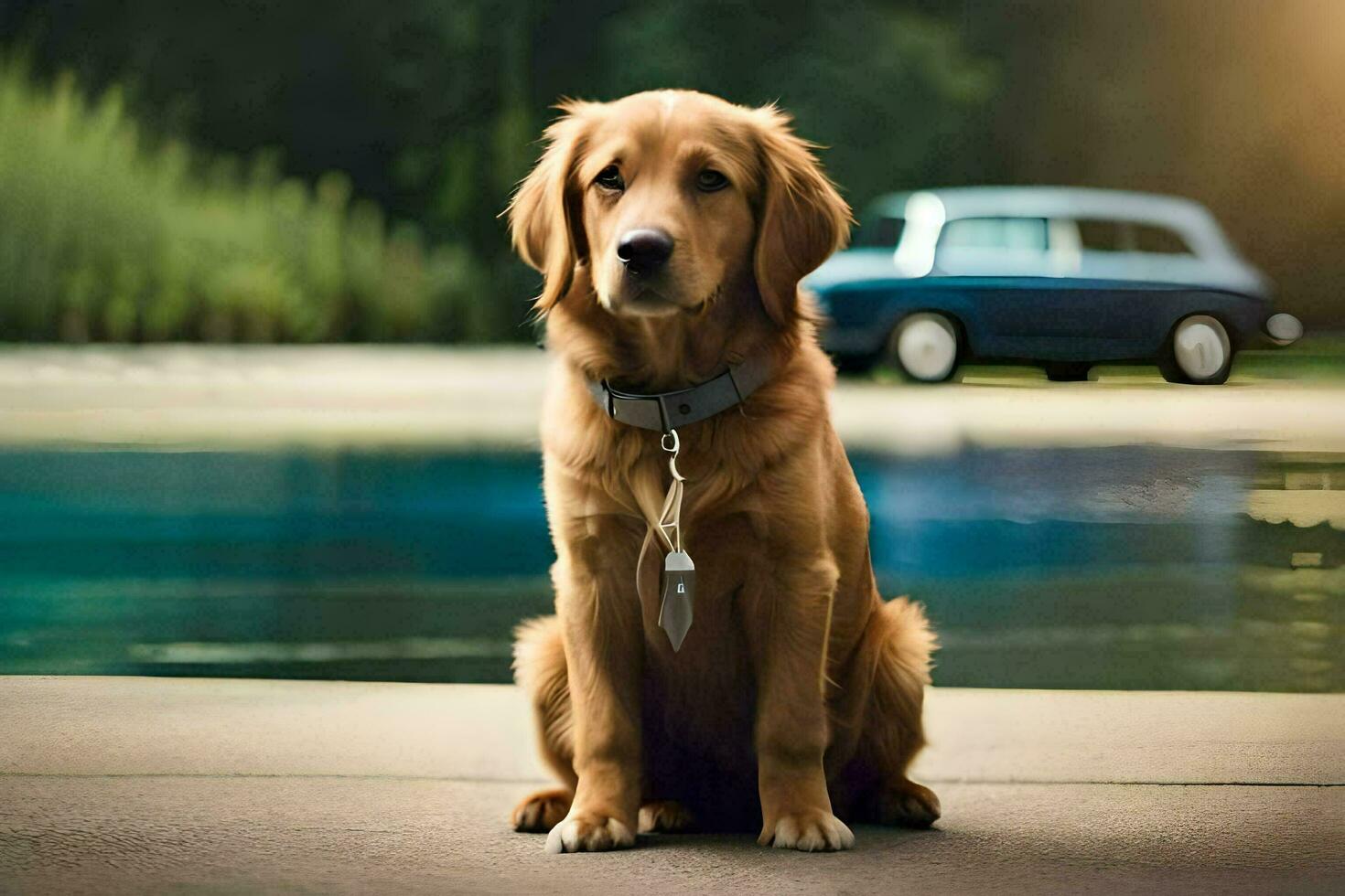 uma dourado retriever sentado de uma piscina com uma carro dentro a fundo. gerado por IA foto